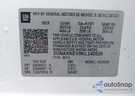 2019 Chevrolet Equinox Lt z USA, uszkodzony, nr VIN 3GNAXKEV0KL140529